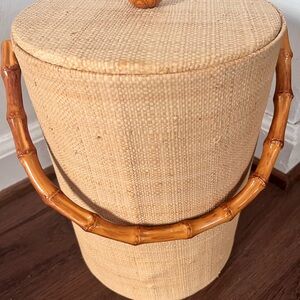 Vintage 60s 70s MCM Natural Woven Ice Bucket Bamboo Handle